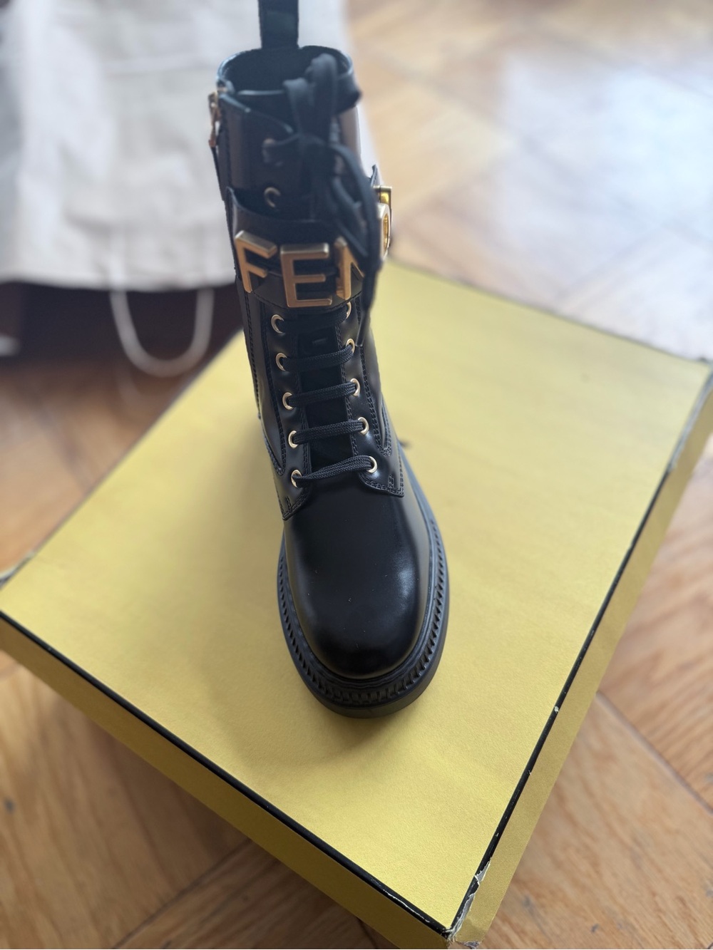 Fendi Black Leather Lace-Up Combat Boot with Gold Fendi Logo